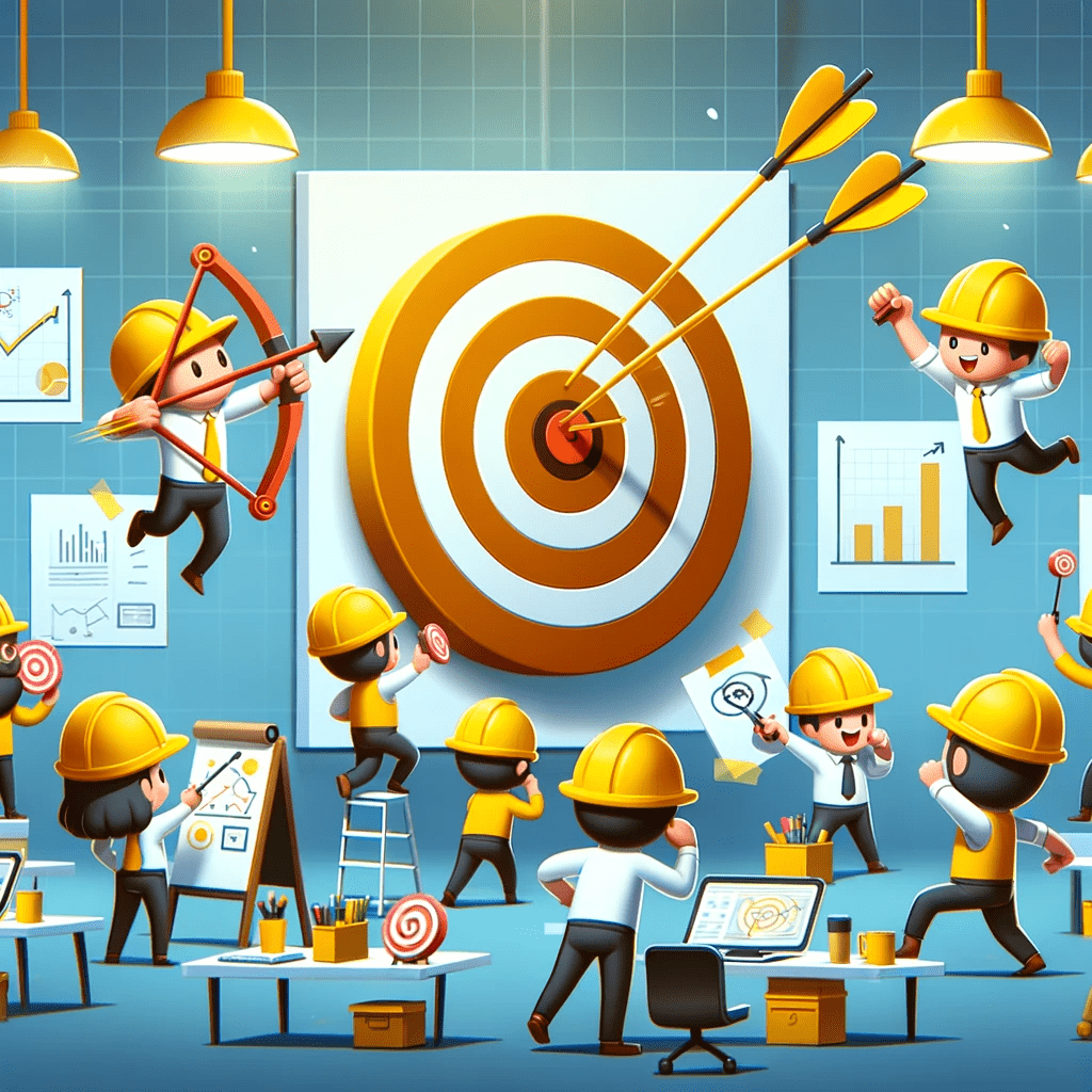 An image of small animated characters in yellow construction hats actively engaged in a marketing campaign. These characters are in a lively of