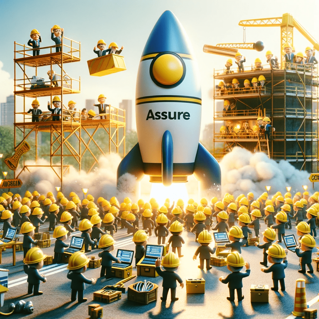 Image depicting animated miniature characters with yellow construction hats at a launch event for a new website. The scene is lively and cel